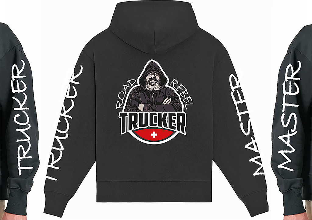 «Trucker» – Illustration eines stilisierten Truckers auf einem schwarzen Hoodie mit Schriftzügen „TRUCKER“ und „MASTER“ an den Ärmeln.