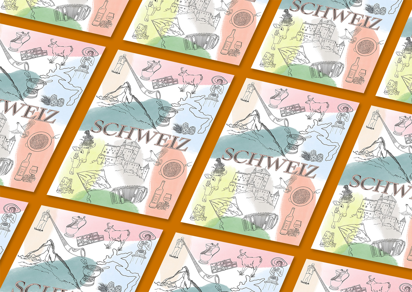 Postcard with cultural and natural icons of Switzerland