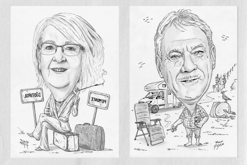 Persönliche Karikatur Porträts mit Reisethema als individuelles Geschenk