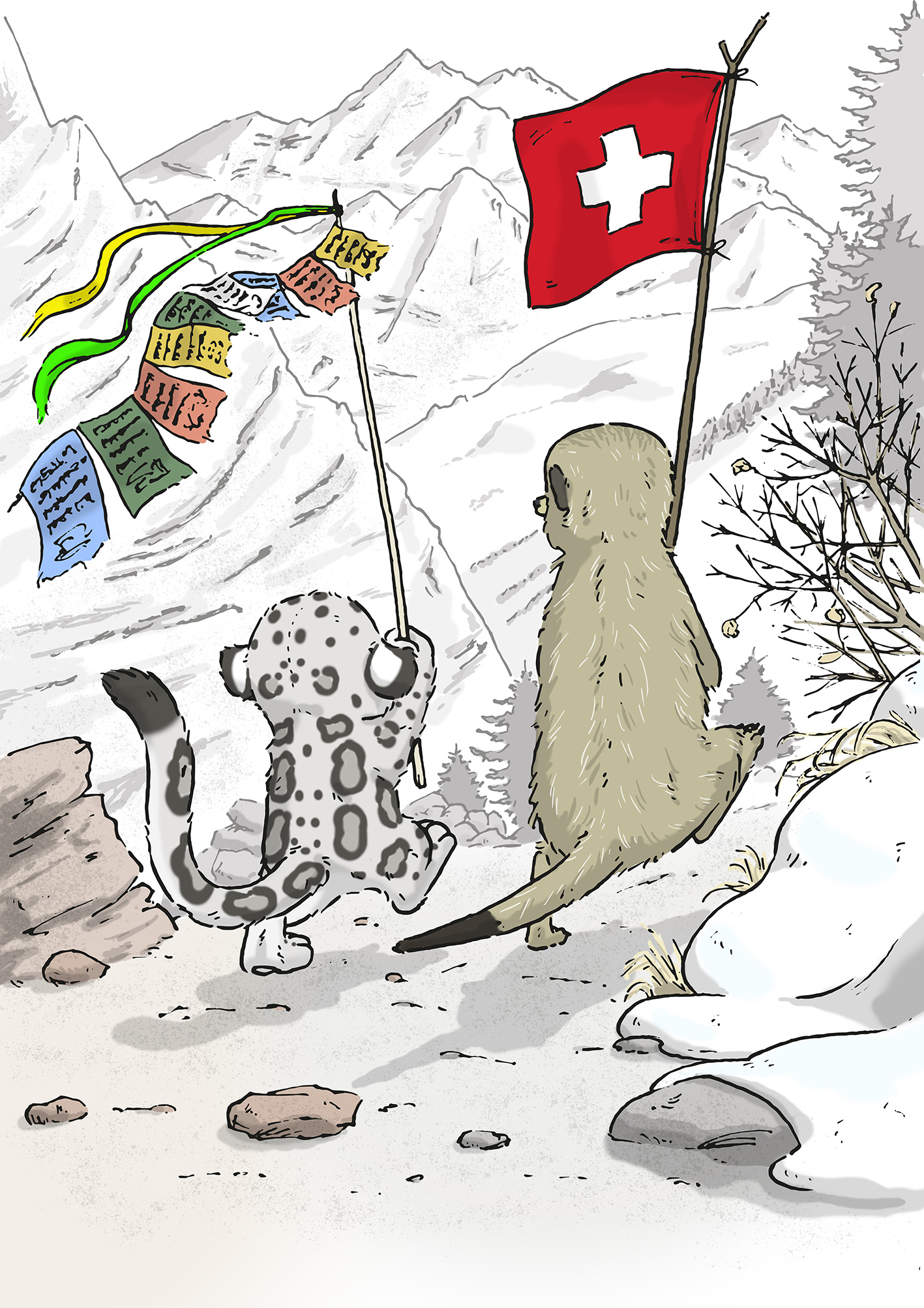 Kinderbuch Illustration mit Schneeleopard und Himalaya Landschaft