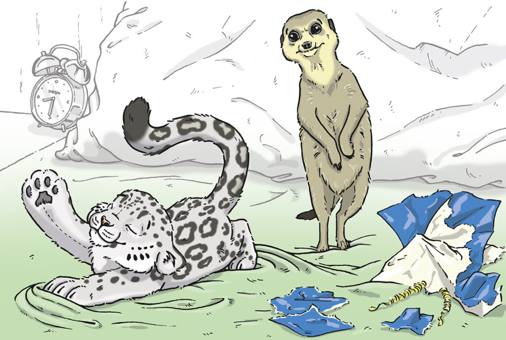 Humorvolle Kinderbuch Szene mit Schneeleopard und Erdmännchen