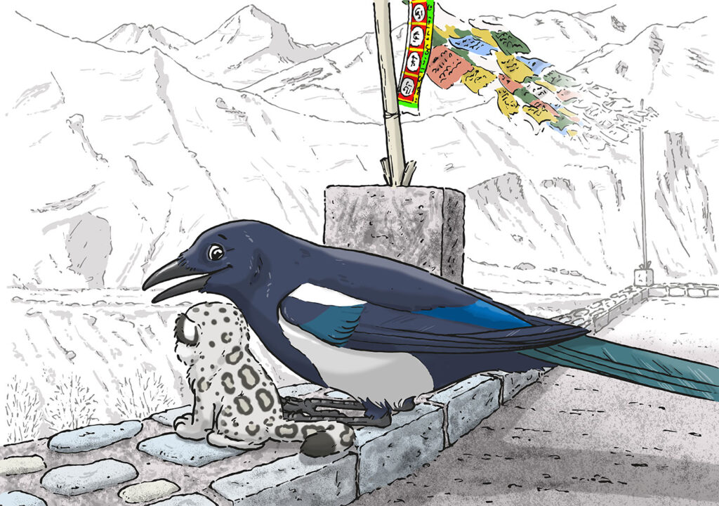 Erzählende Kinderbuch Illustration mit Vogel, Schneeleopard und Berglandschaft