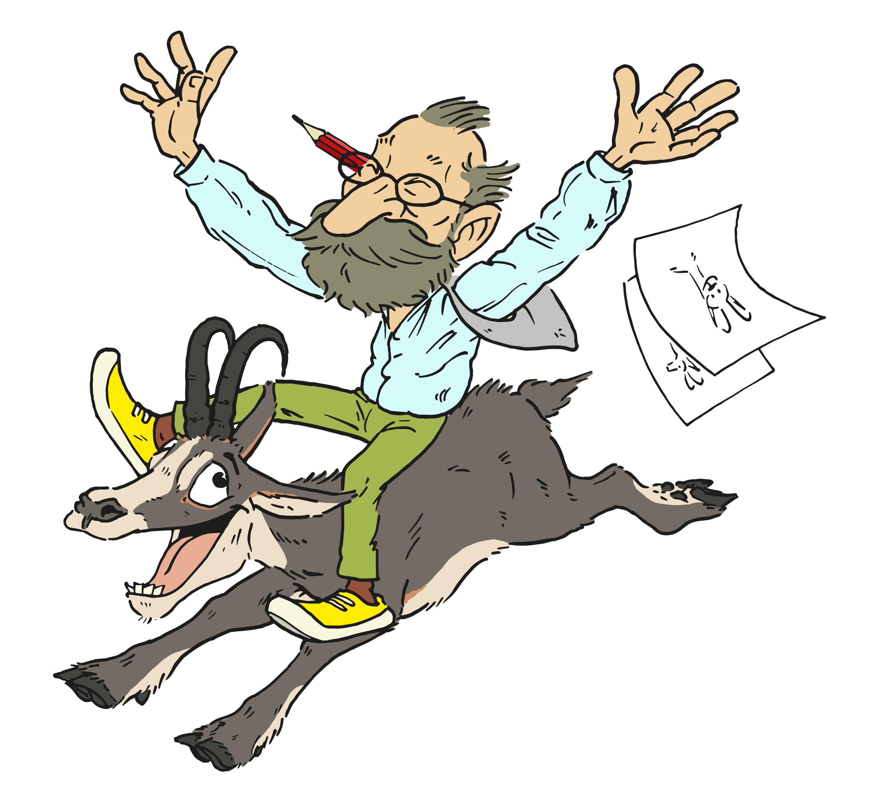 Humorvolle Illustration von Rolf Giger mit dynamischer Figur auf einer Gämse