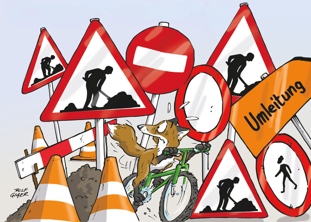 Pressekarikatur zu Verkehr, Baustellen und Umleitungen in der Schweiz