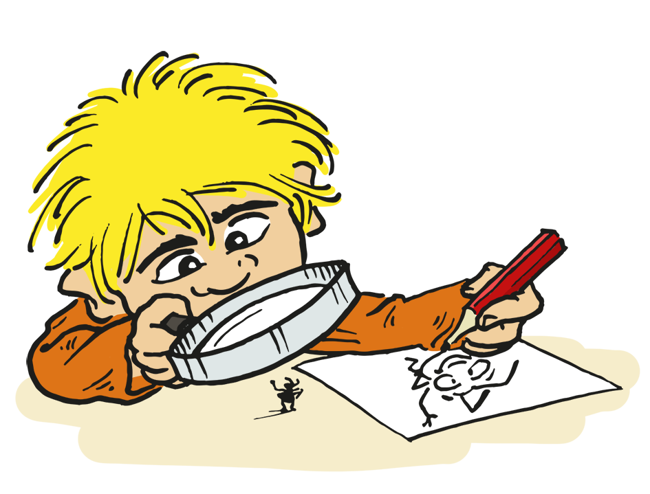 Illustration Kind zeichnet Gesicht mit Lupe – Ergebnis Zeichenworkshop im Haus der Illustration