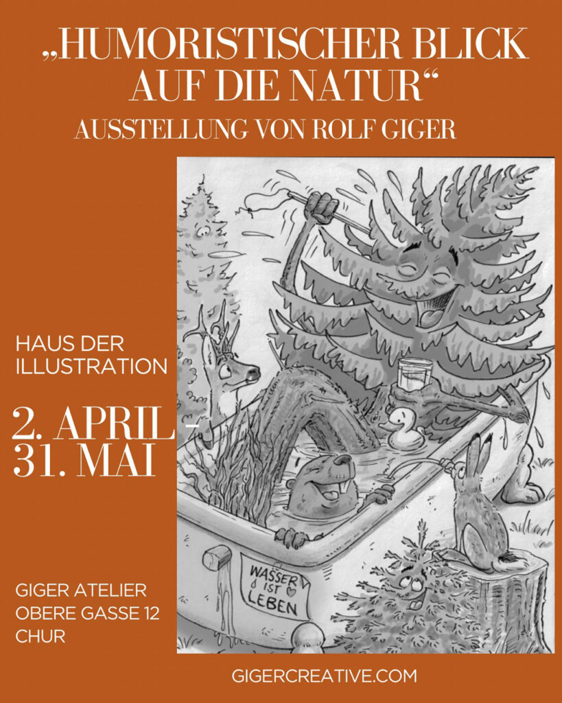 Humoristische Ausstellung „Humoristischer Blick auf die Natur“ von Rolf Giger im Haus der Illustration in Chur