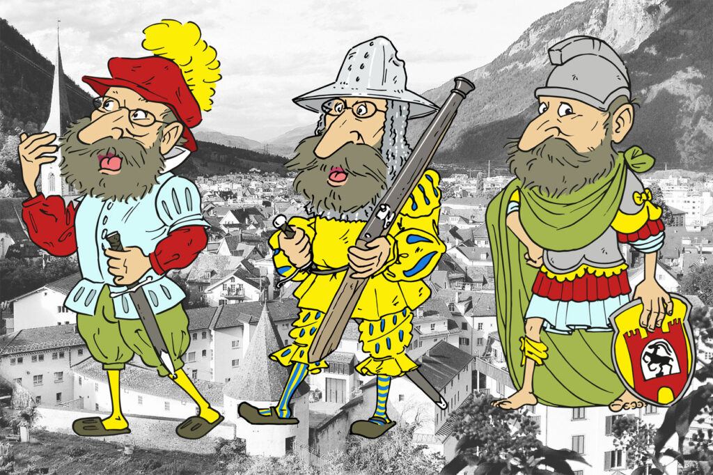 Drei illustrierte Figuren im charakteristischen Zeichenstil von Rolf Giger.